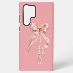 Samsung Galaxy S22 Ultra Funda estética rosa de lujo con lazo y perla para 