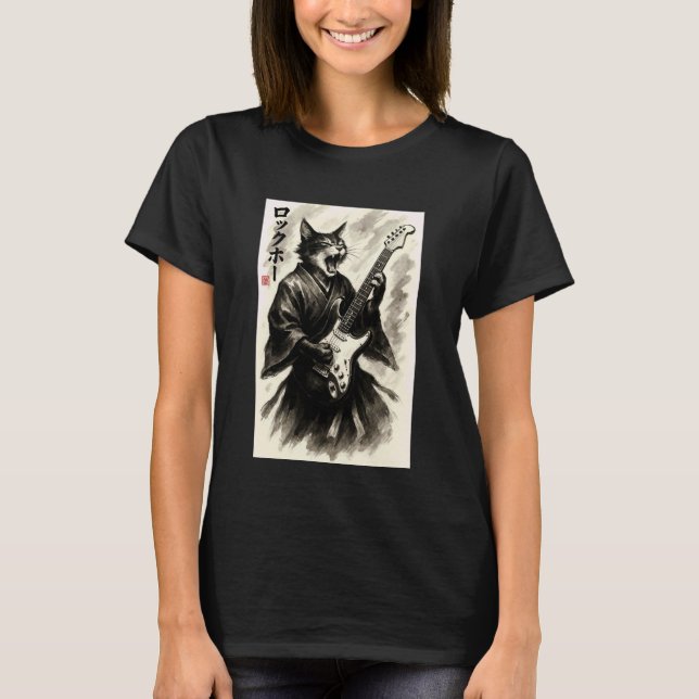 Samurái Gato de Rock Camiseta de Guitarra de Tinta (Anverso)