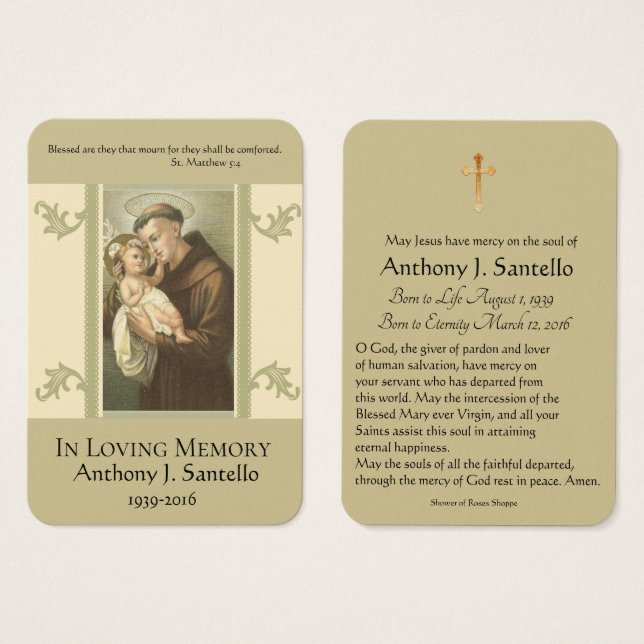 San Anthony Baby Jesus Funeral Memorial Tarjeta Sa (Anverso y reverso)