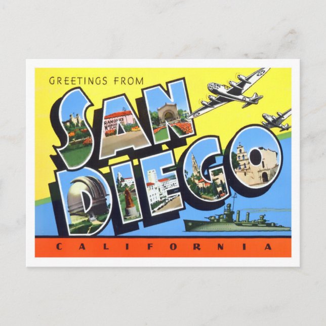 San Diego, California, postal de las grandes letra (Anverso)