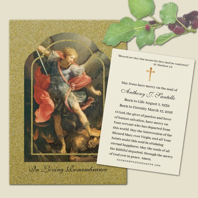 San Miguel Monumento Católico - (Traditional Catholic Funeral Memorial Prayer Card with St. Michael the Archangel)