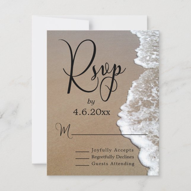 Sand & Foam Beach Photo & Typography Wedding RSVP (Anverso)