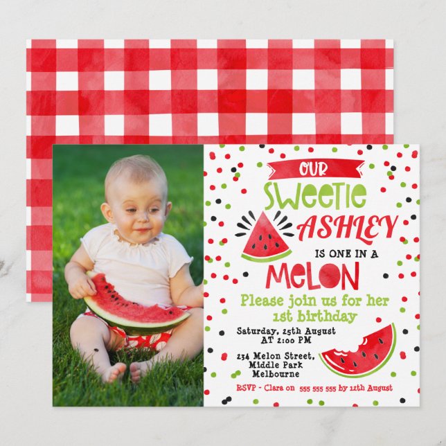 sandía Uno En Invitación De Cumpleaños De Melón (Anverso / Reverso)