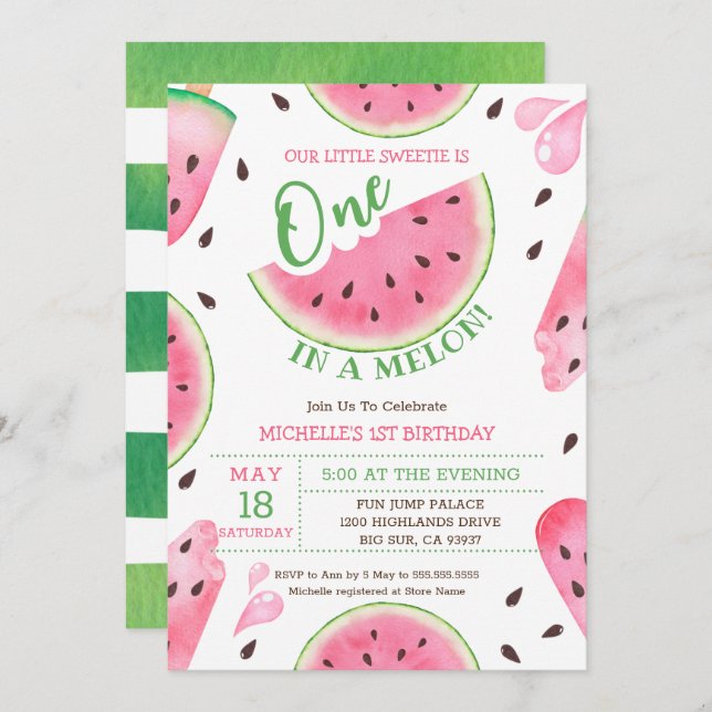 sandía uno en melón primer cumpleaños invitación (Anverso / Reverso)