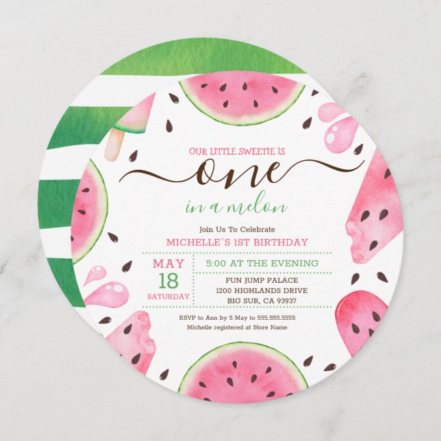 sandía uno en melón primer cumpleaños invitación (Anverso / Reverso)