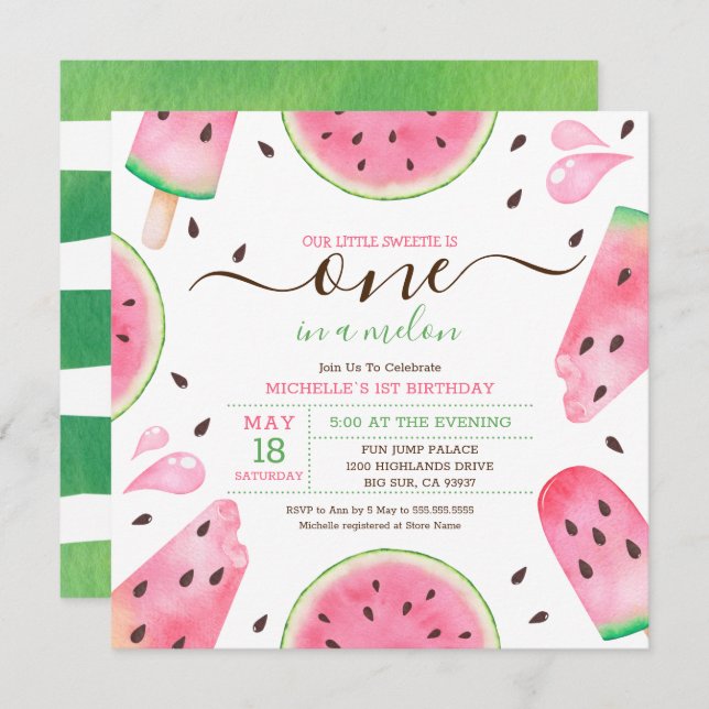 sandía uno en melón primer cumpleaños invitación (Anverso / Reverso)