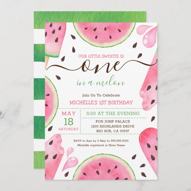 sandía uno en melón primer cumpleaños invitación (Anverso / Reverso)