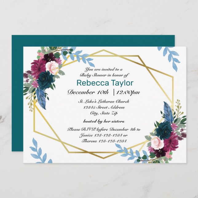 Sangre floral Mod Verde azulado - Invitación a Bab (Anverso / Reverso)