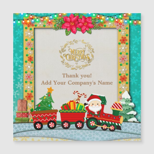 Santa Claus en tren con regalos y árbol de Navidad (Anverso)