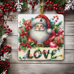 Santa Claus Love Luces Niños Ornamento cerámico<br><div class="desc">En la parte delantera de este adorno de cerámica keepsake para un niño hay un retrato de Santa Claus con su traje y gorra rojo clásico de la festividad. Está rodeado de regalos coloridos, decoraciones y un bastón de dulces. Delante de él hay un cartel que dice "AMOR" con luces...</div>