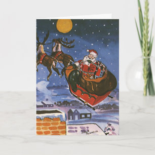 Santa Claus Vintage volando su trineo en Navidad