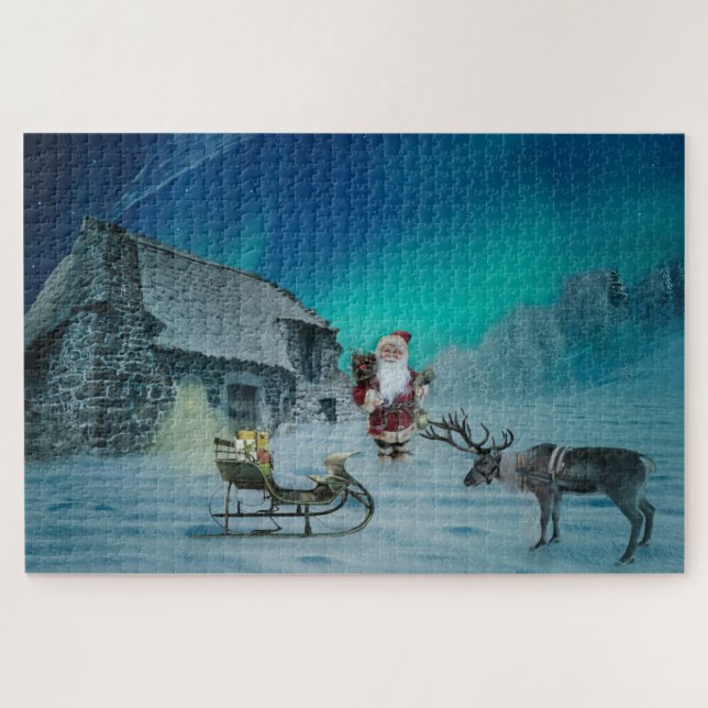 Santa con el rompecabezas feriado de renos Aurora  (Horizontal)