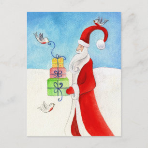 Santa con pájaros en la postal de la acuarela de N