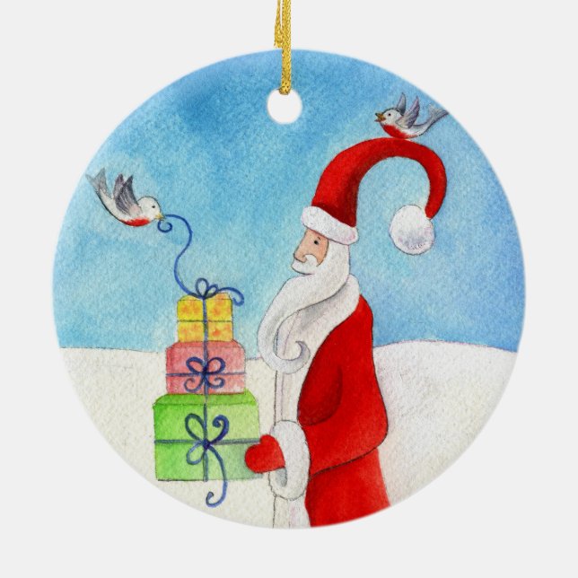 Santa con regalos y adorno de pájaros (Atrás)