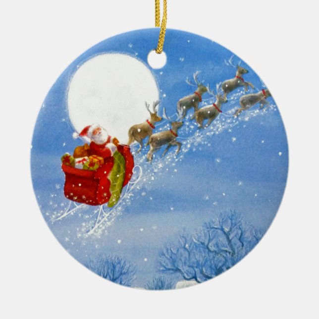 Santa con su ornamento de renos volador (Frente)