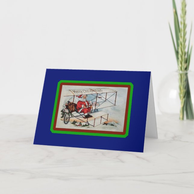 Santa en Bi-Plane - Tarjeta de Navidad Vintage (Anverso)