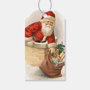 Santa en la chimenea con etiqueta de regalo de jug