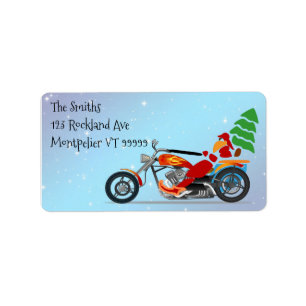 Santa en motocicleta con etiqueta de Navidades de 
