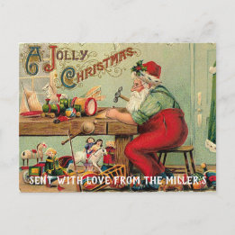 Santa en su taller haciendo juguetes Tarjeta posta