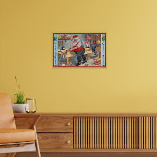 Santa en su taller, obra de arte vintage,
