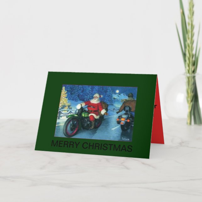 santa en una tarjeta de Navidad de la motocicleta (Anverso)