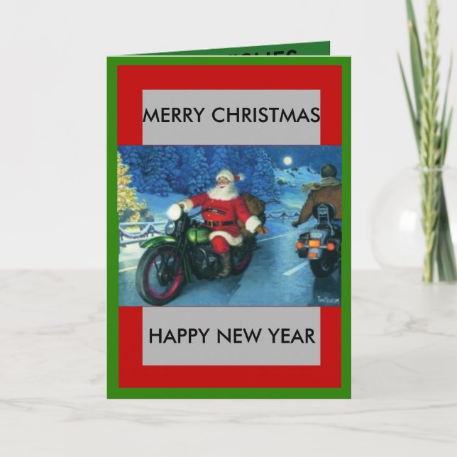 Santa en una tarjeta de Navidad de la motocicleta (Anverso)