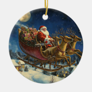 Santa Flying Over Snowy Village Ornamento De Navid