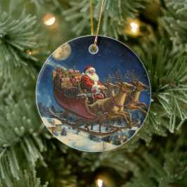 Santa Flying Over Snowy Village Ornamento De Navid