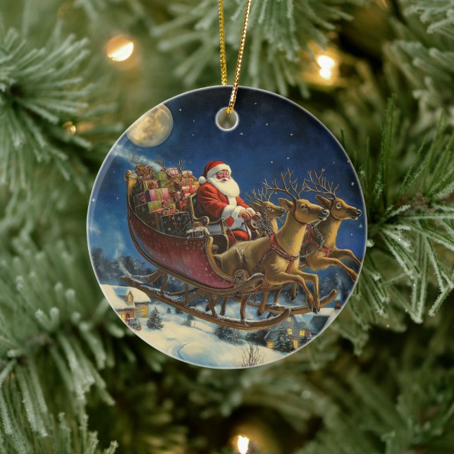 Santa Flying Over Snowy Village Ornamento De Navid (Árbol)