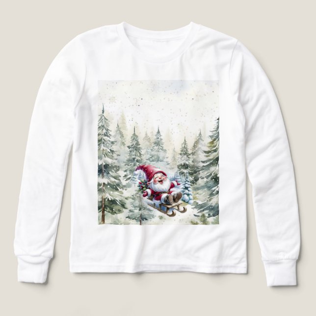 Santa Gnome Sledding Through The Woods LS T-Shirt (Diseño frontal)