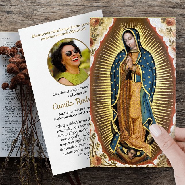 Santa María, tarjeta de oración Virgen de Guadalup (catholic, religious, celebration of life, in loving memory of, prayer cards for bereavement)