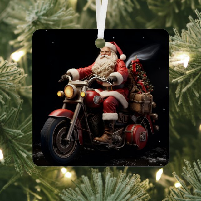 Santa montando un adorno navideño Harley (in situ)