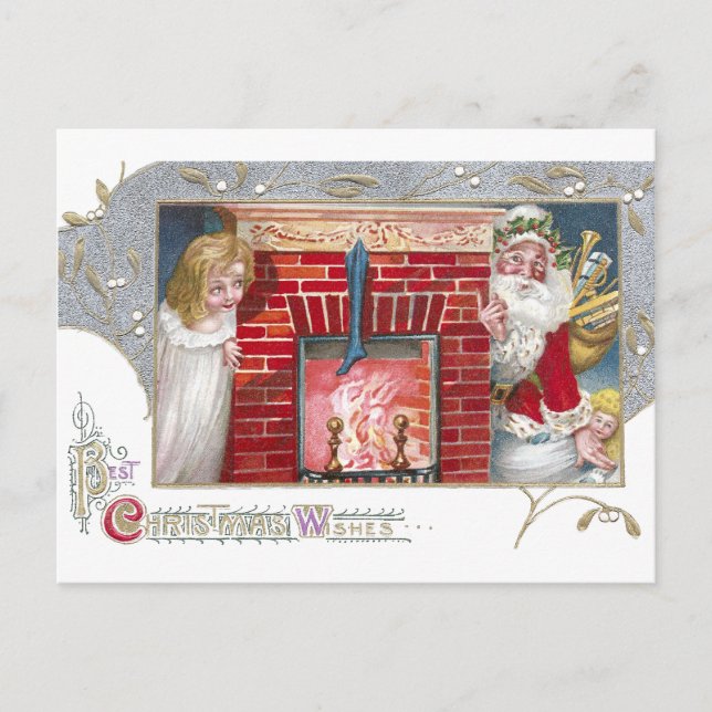 Santa, Mujer y Chimenea Vintage Navidad (Anverso)