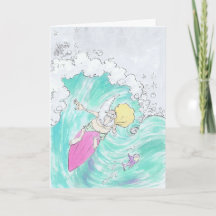 Santa que practica surf en una tarjeta de