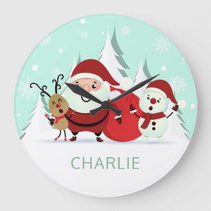 Santa, Renos y Snowman, relojes de pared de nombre