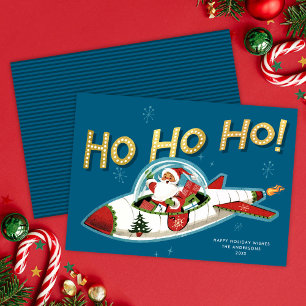 Santa Retro en Cohete Ho Ho Ho Tarjeta de Navidad 