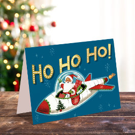 Santa Retro en Cohete Ho Ho Ho Tarjeta de Navidad 