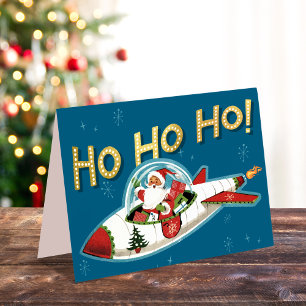 Santa Retro en Cohete Ho Ho Ho Tarjeta de Navidad 
