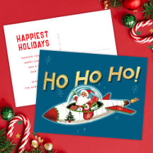 Santa Retro en Cohete Ho Ho Ho Tarjeta de Navidad