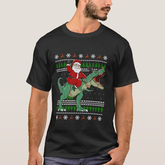Santa Riding Dino Funny Navidades Ugly Sweater Lon (Anverso)