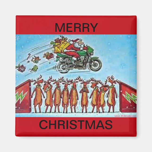 Santa Saltando reno en un imán refrigerador (Frente)