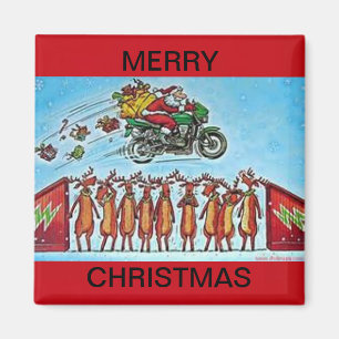 Santa saltando renos en un imán refrigerador