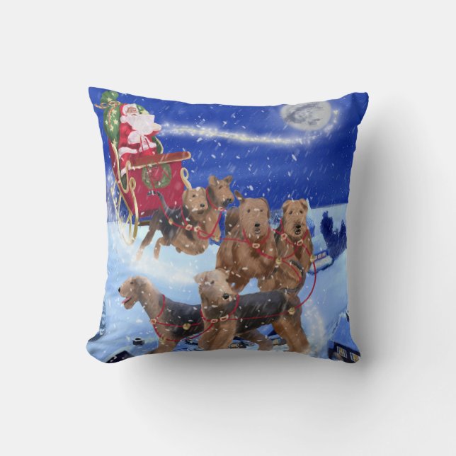 Santa-sleigh tirado por Airedales tirar almohada (Anverso)