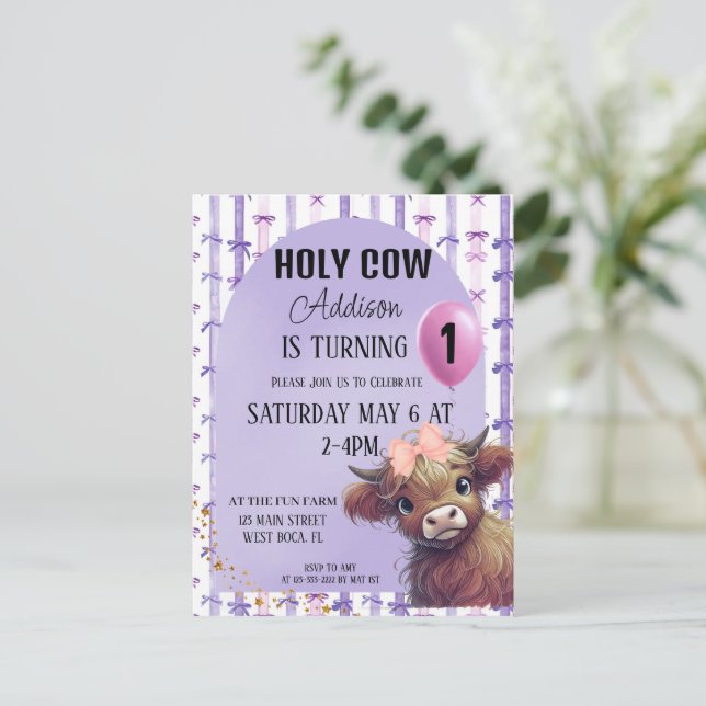 Santa Vaca Estoy Invitación de Arco Morado Acuarel (Anverso de pie)