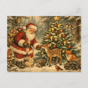 Santa vintage con animales del bosque de Navidad