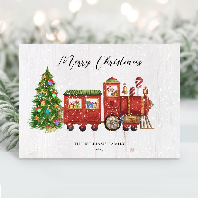 Santa Vintage Tren De Navidad No-Foto (Vintage Santa Christmas Train Non-Photo Holiday Card)