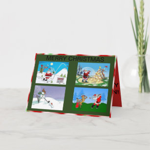 Santa y amigos golfing en una tarjeta de Navidad
