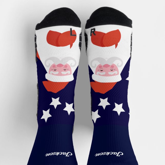 Santa y las estrellas sonrientes en calcetines azu (Arriba)