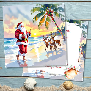 Santa y reno en la playa Navidad en acuarela
