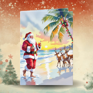 Santa y reno en la playa Navidad en acuarela